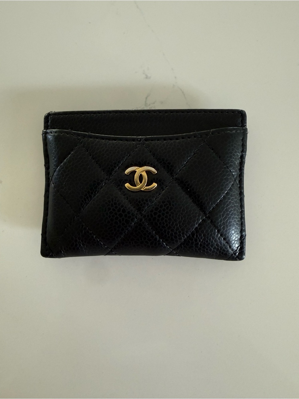 CHANEL Black Quilted Card Holder with Gold CC Emblem